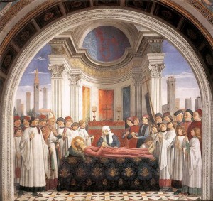 Affreschi nella Cappella di Santa Fina: “Annuncio della morte di santa Fina” ed “Esequie di santa Fina”, Cappella di Santa Fina, anno 1473-75, affresco su muro, collegiata di Santa Maria Assunta, San Gimignano.